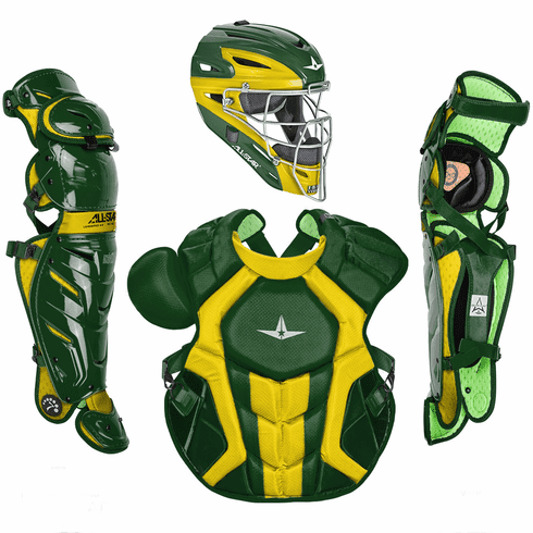 All-Star Adult System 7 Axis 2-Tone Baseball Catcher’s Set: CKCCPRO1X-TT Equipment All-Star Dark Green / Gold 