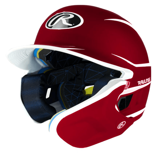 Rawlings Mach Adjust Junior Two-Tone Matte Baseball Batting Helmet With Adjustable Face Guard: MA14J Equipment Rawlings Scarlet-White Left Hand Batter 